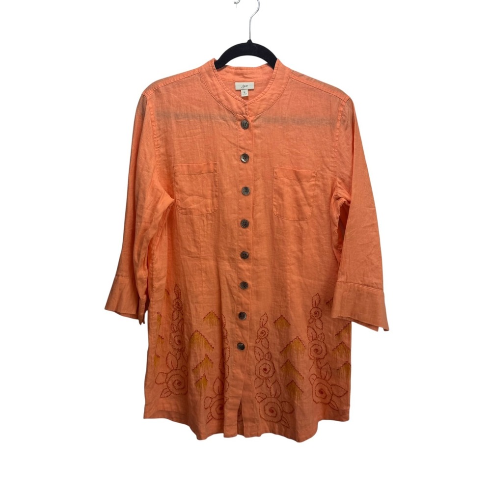 J Jill 100% Linen Embroidered  Resort Button Up Tunic Top M Coral 3/4 Sleeve